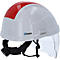 Casque de sécurité blanc avec dessus rouge et visière transparente. Une jugulaire est attachée.